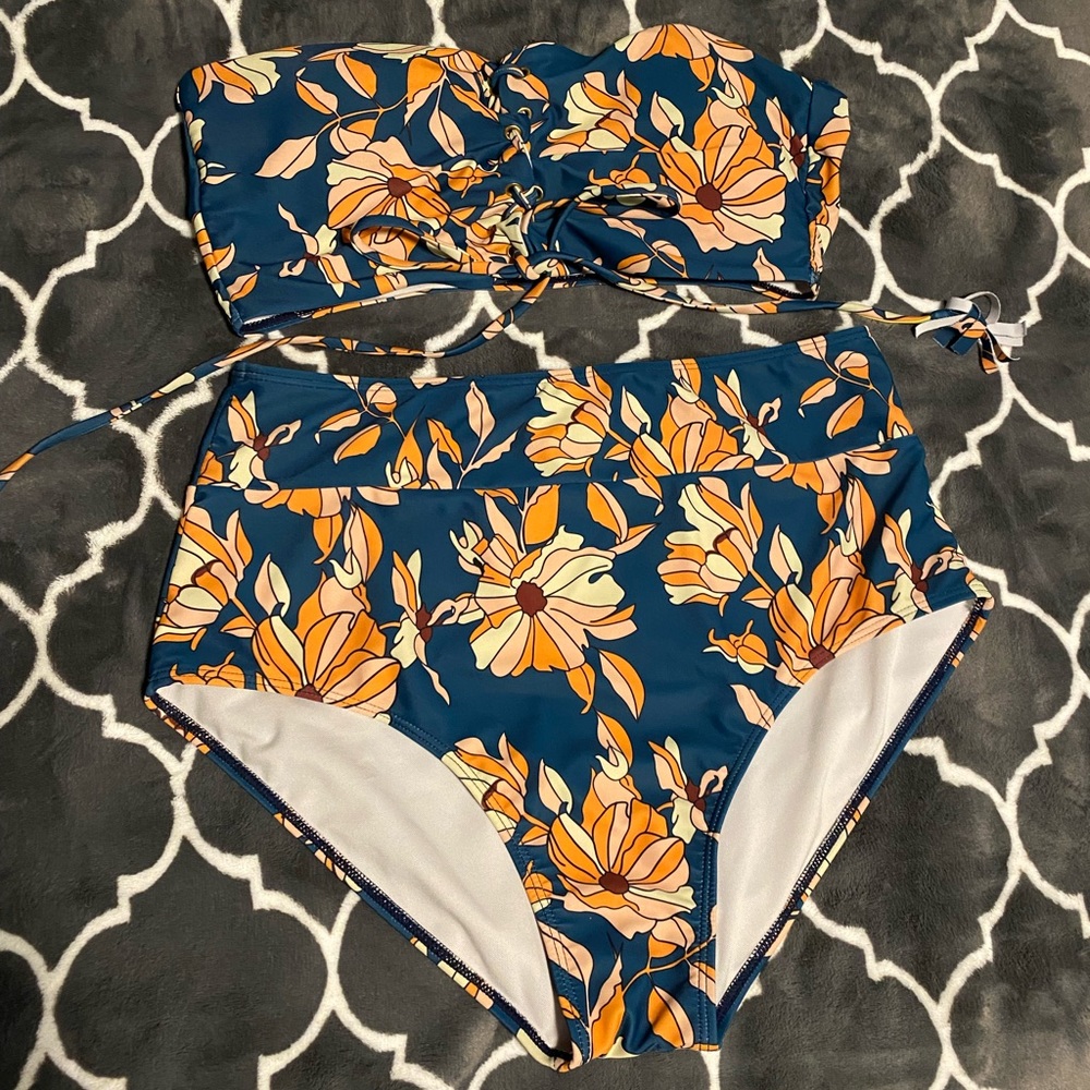 Navy Blue Two Piece Bikini With Orange/Cream/Beige Floria Print Super Cute